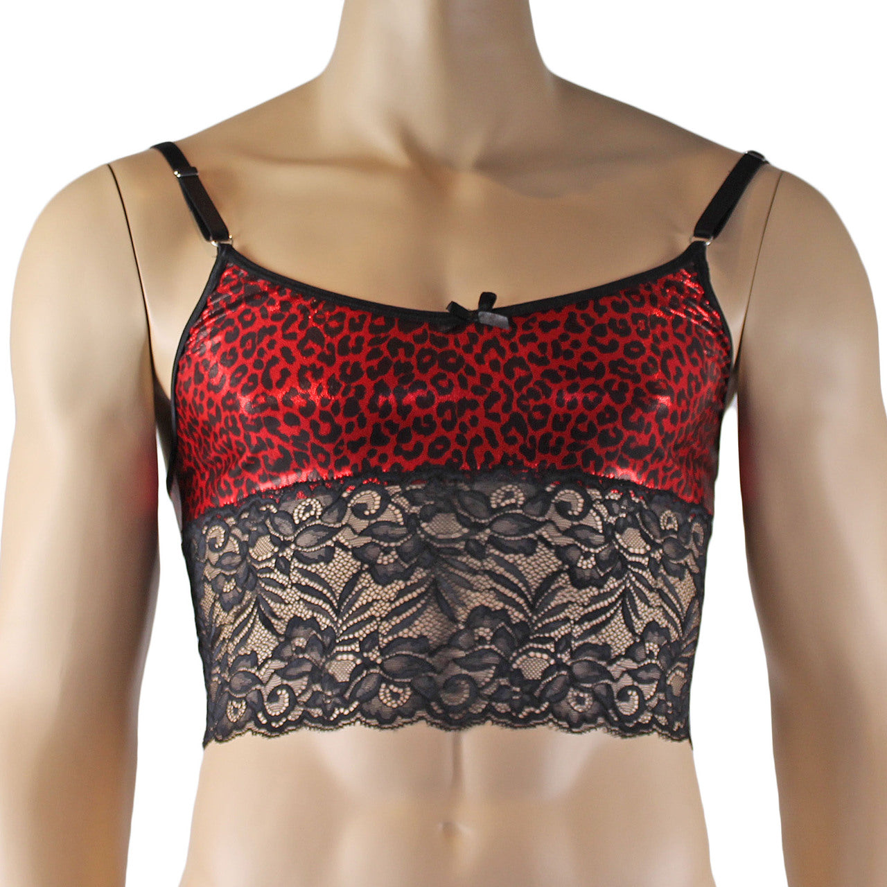 Mens Dazzle Animal Leopard Print Bra Top Camisole and Thong Set Red