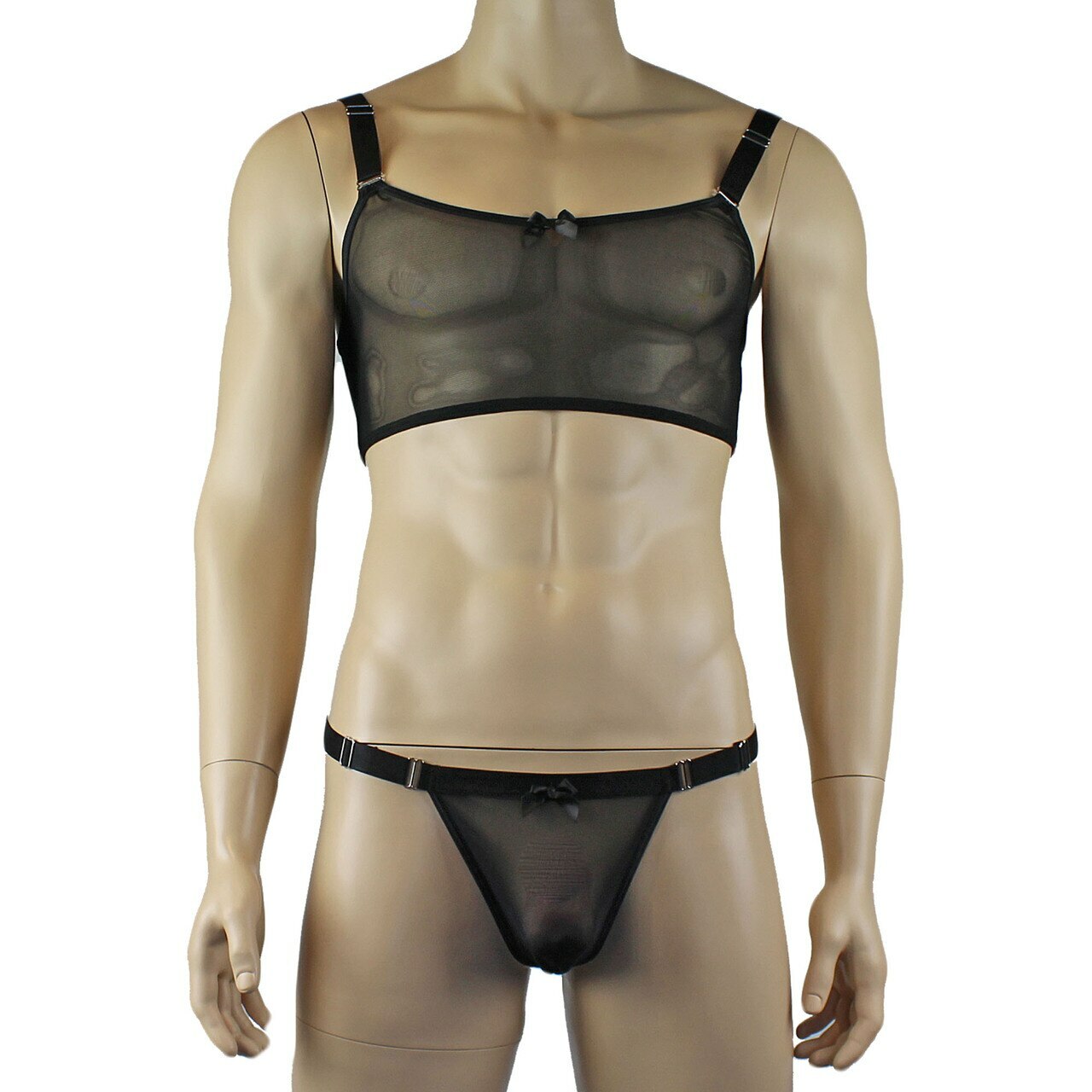 Mens Exotic Sheer Mesh Crop Bra Top Camisole, G string & Garterbelt - Sizes up to 3XL (black plus other colours)