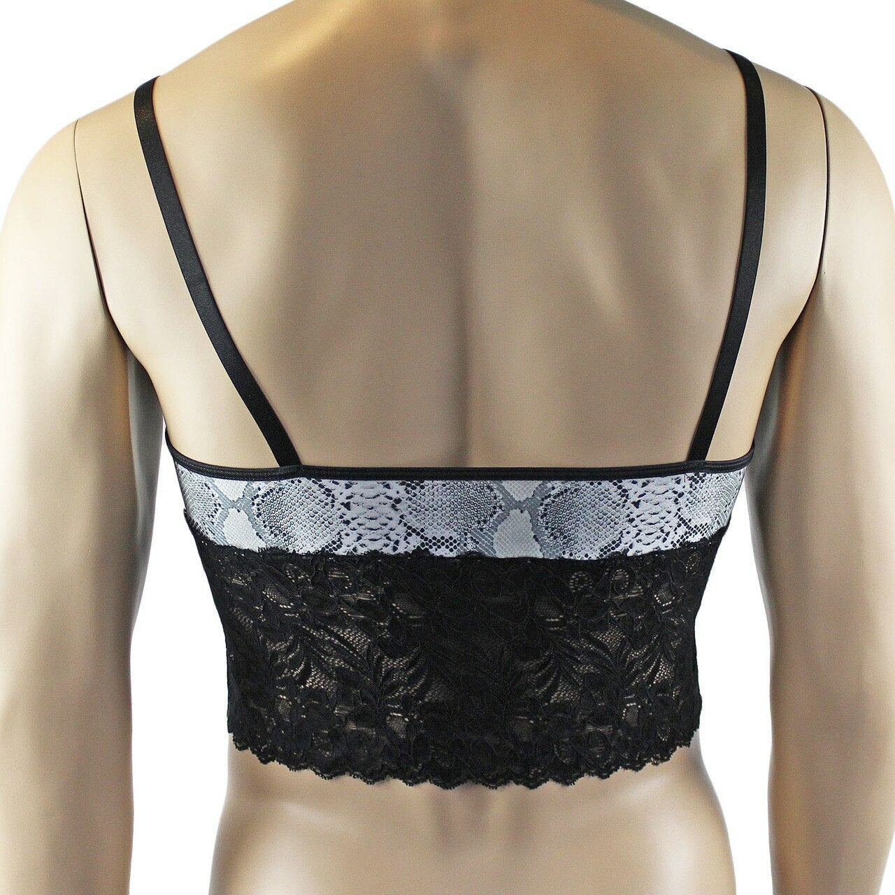 Mens Grey Snake Print & Black Lace Mens Bra Top Camisole, Thong, Garter & Stockings