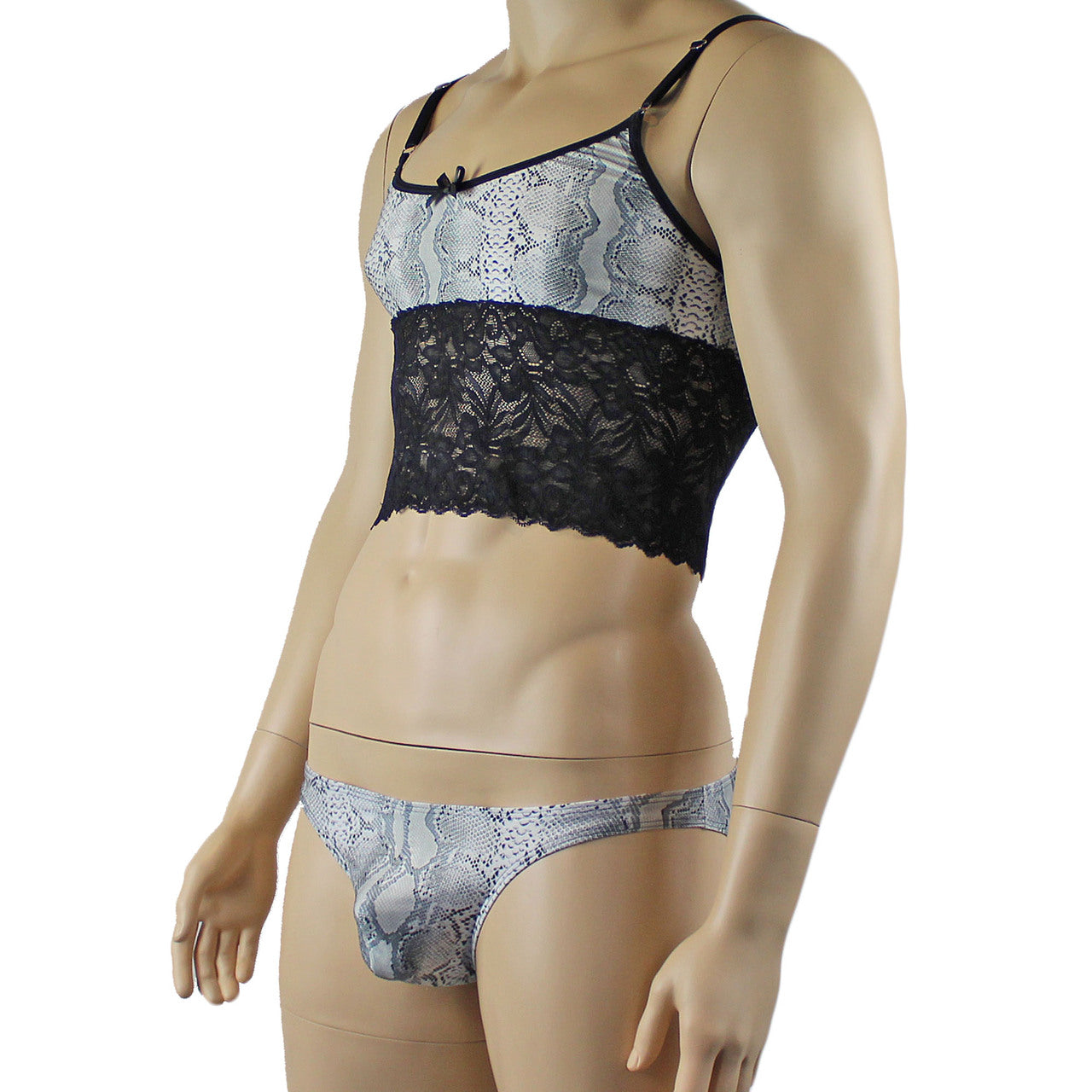 Mens Bra Top Camisole and Brief in Grey Snake Print & Black Lace