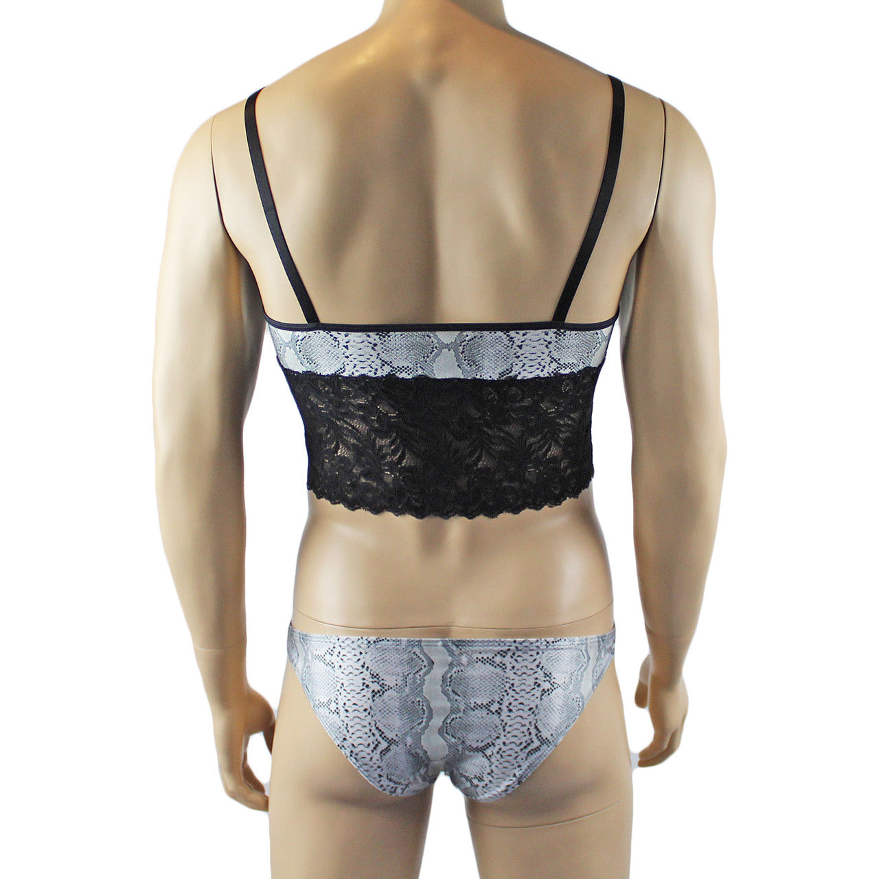 Mens Bra Top Camisole and Brief in Grey Snake Print & Black Lace