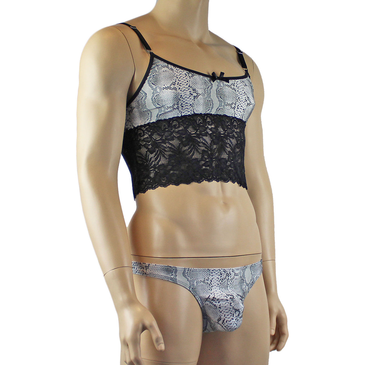 Mens Bra Top Camisole and Thong in Grey Snake Print & Black Lace