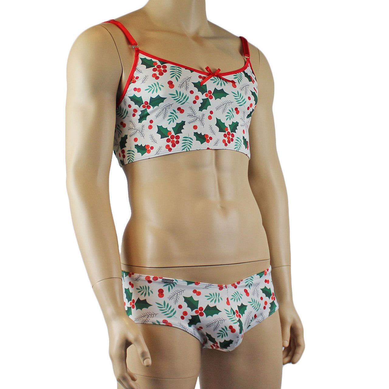 Mens Christmas Holly Camisole Crop Top & Boxer Shorts Xmas Underwear