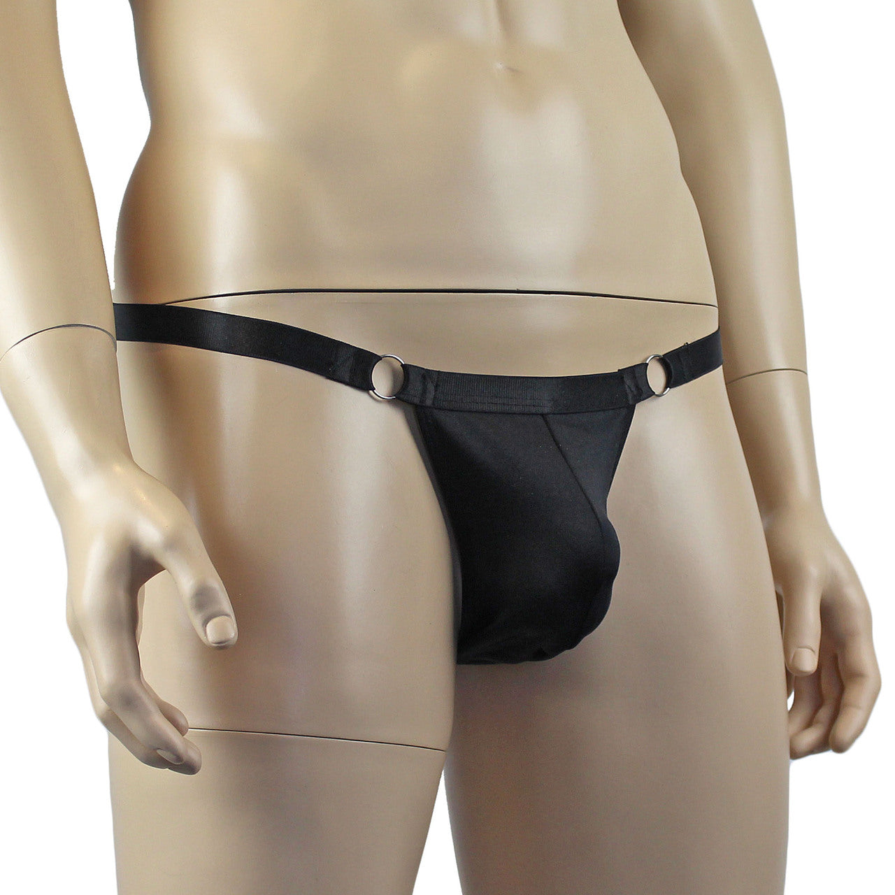 Male Spandex Thong with Ring Sides and Adjustable Strap Black