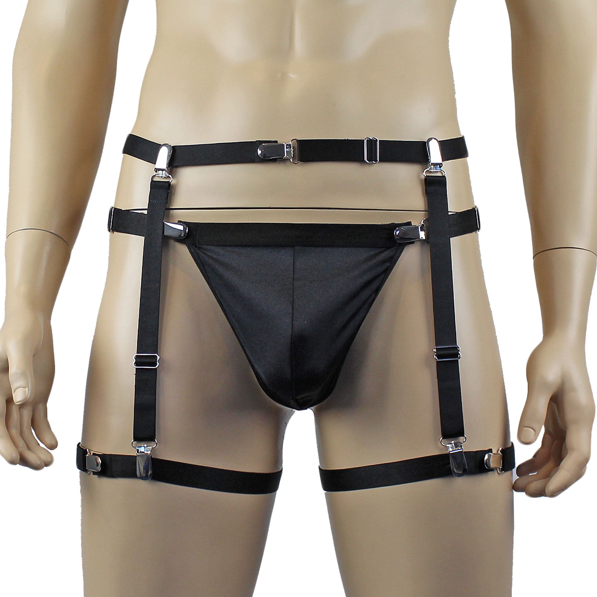 Mens Janice Thong with Adjustable Silver Clip Sides, Garterbelt & Leg Bands Black