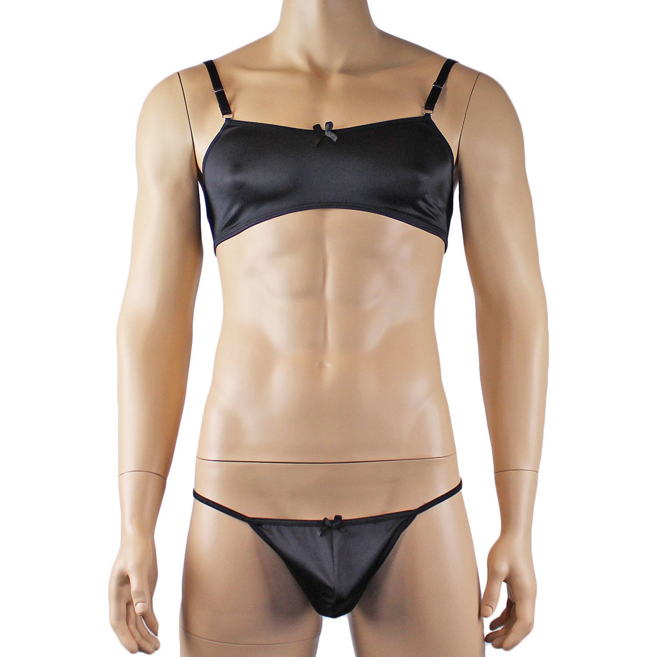 Mens Satin Bra Top, G string and Garterbelt Lingerie Black