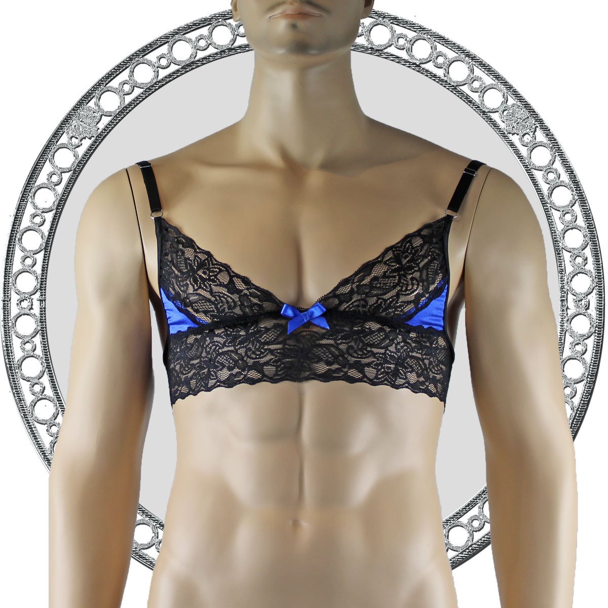 Mens Lace Bra Top Lingerie and Thong for Men Blue and Black