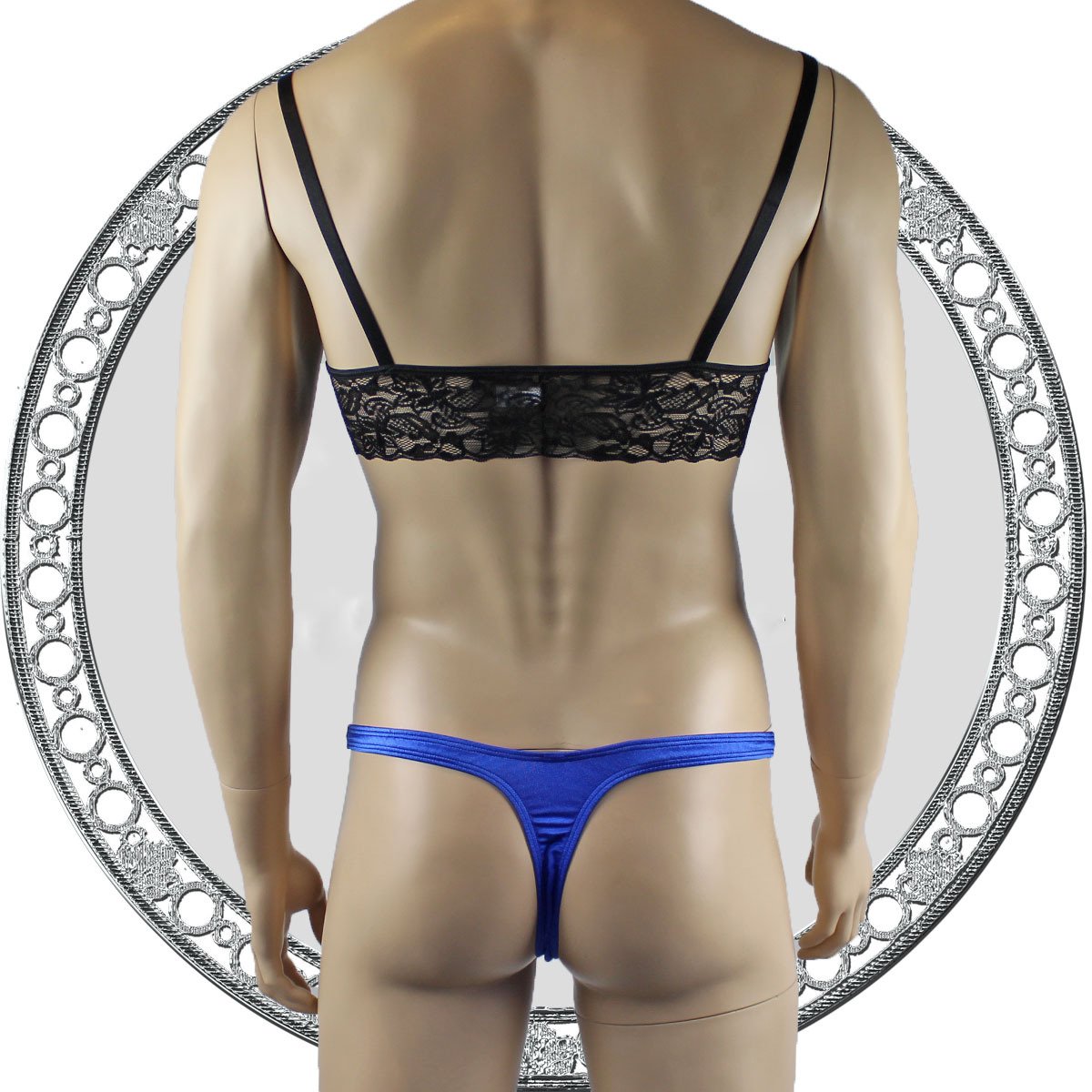 Mens Lace Bra Top Lingerie and Thong for Men Blue and Black
