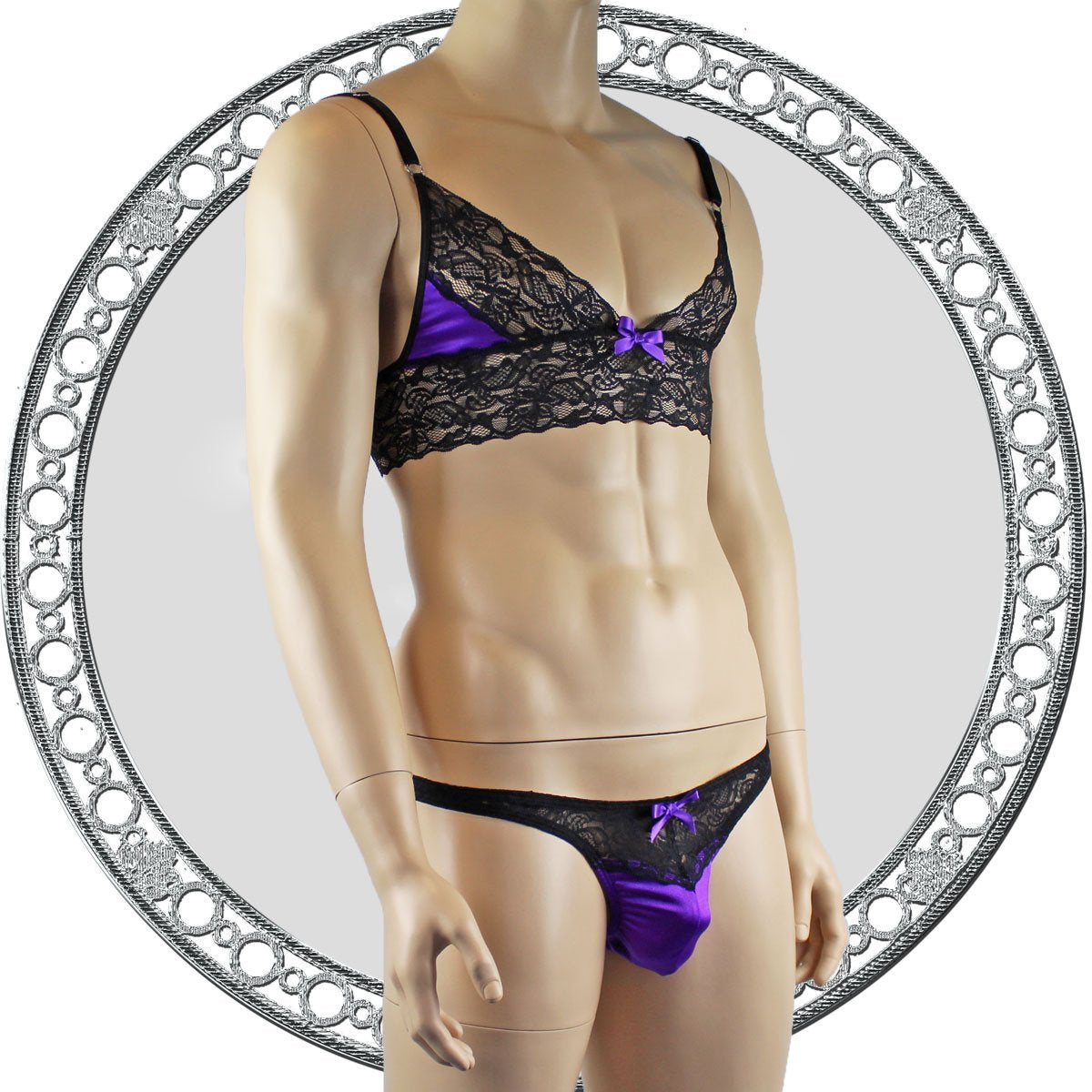 Mens Lace Bra Top Lingerie and Thong for Men Purple and Black