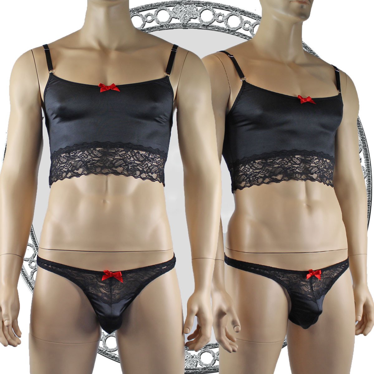 Mens Satin & Lace Crop Cami Top with Sexy Thong Black