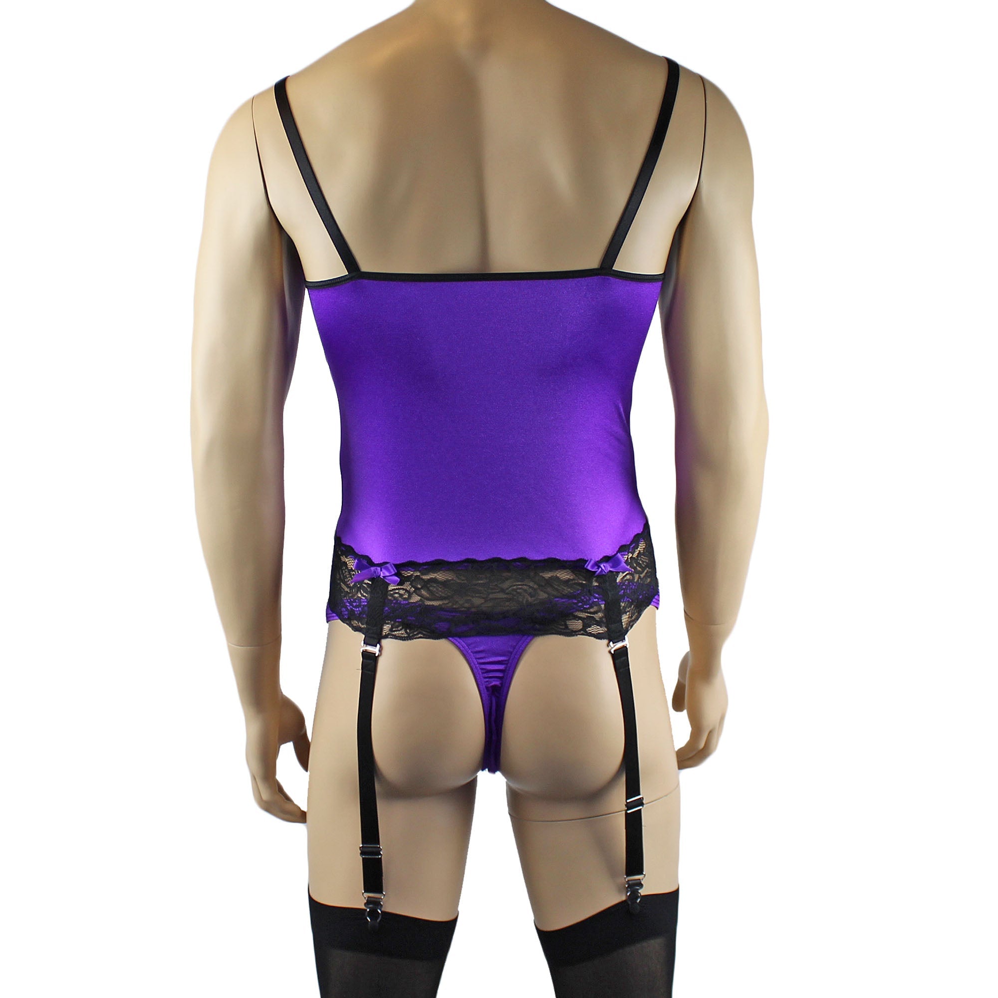 Mens Joanne Camisole Bustier Garter Top with Thong & Stockings - Sizes up to 3XL Purple and Black Lace