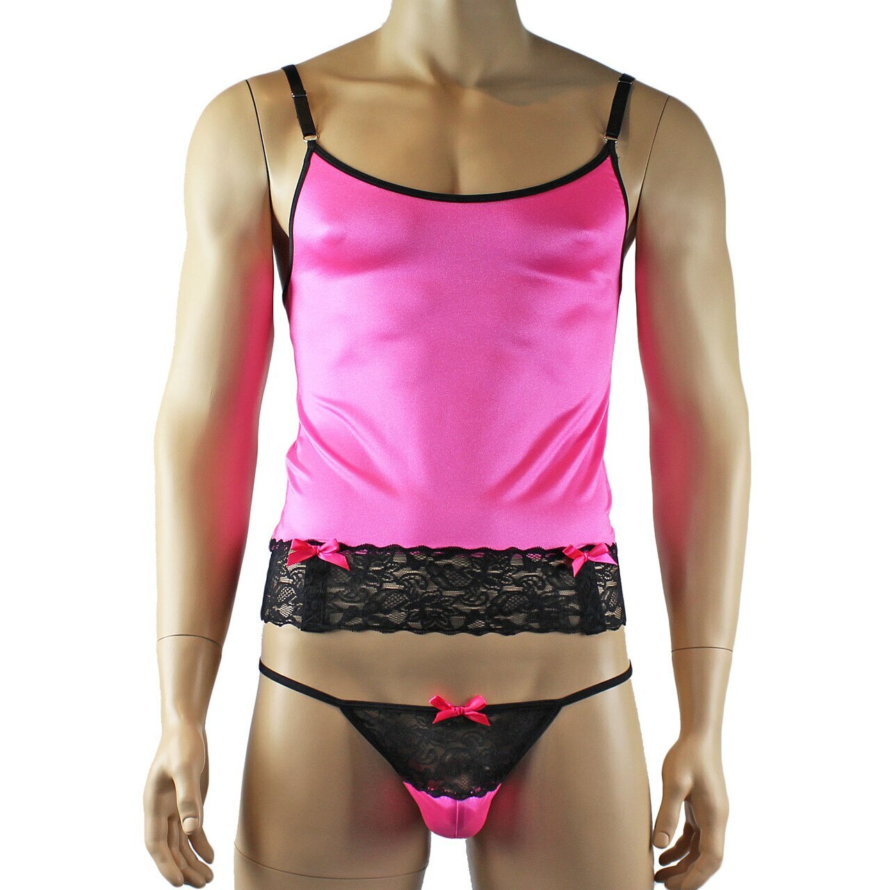 Mens Camisole Bustier Garter Top with Pouch G string & Stockings (hot pink plus other colours)
