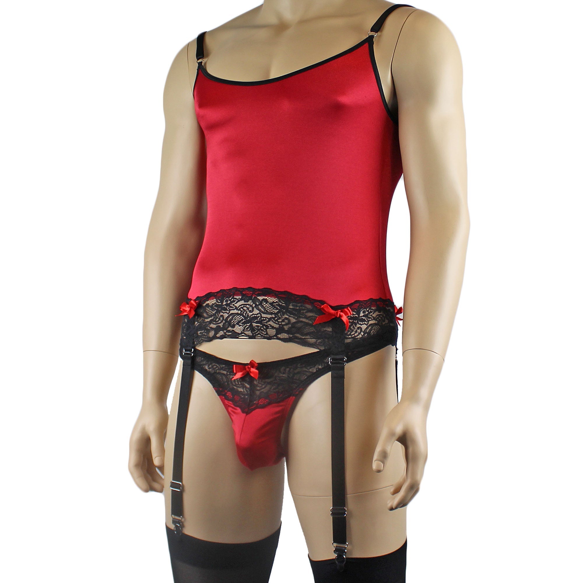 Mens Joanne Camisole Bustier Garter Top with Thong & Stockings - Sizes up to 3XL Red and Black Lace