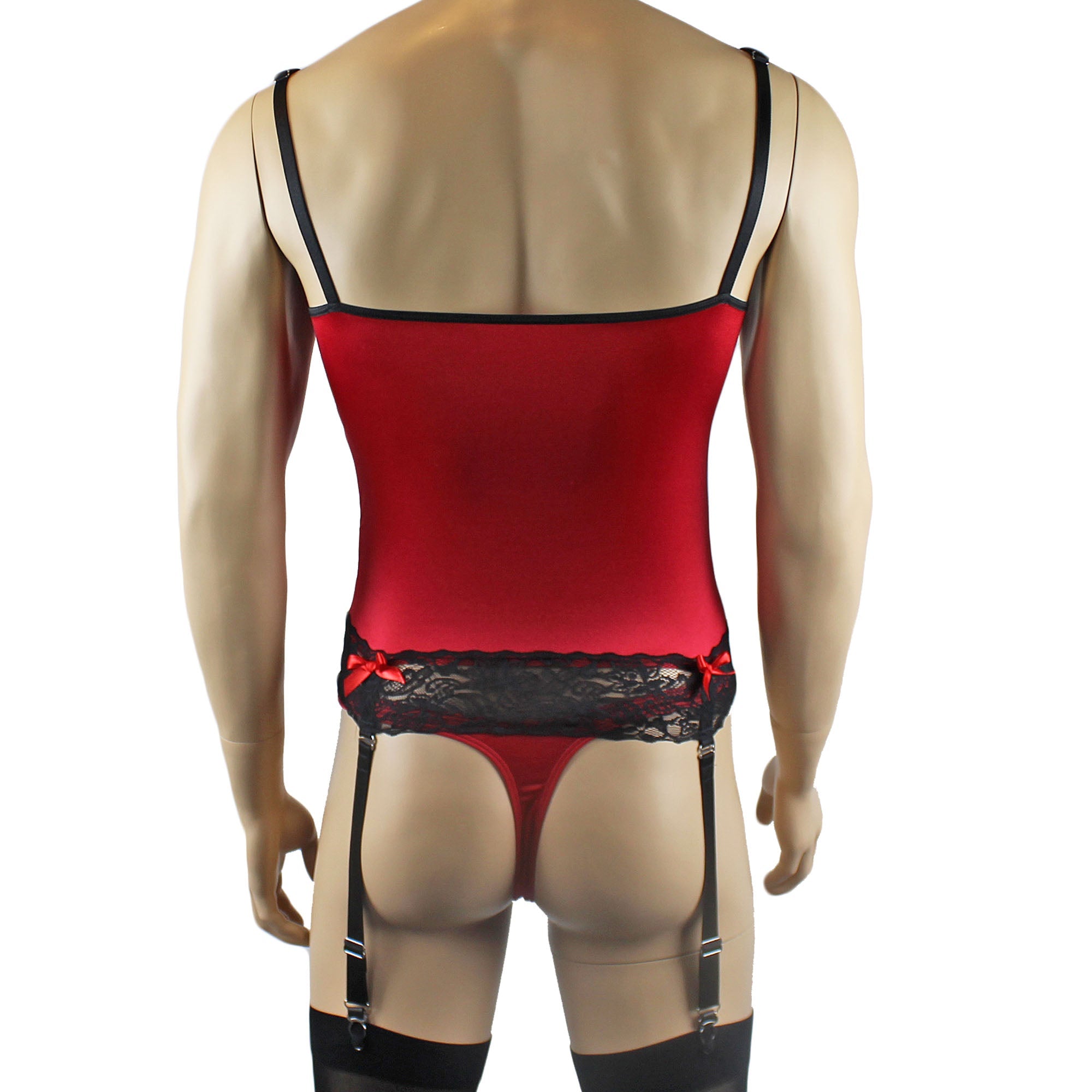 Mens Joanne Camisole Bustier Garter Top with Thong & Stockings - Sizes up to 3XL Red and Black Lace