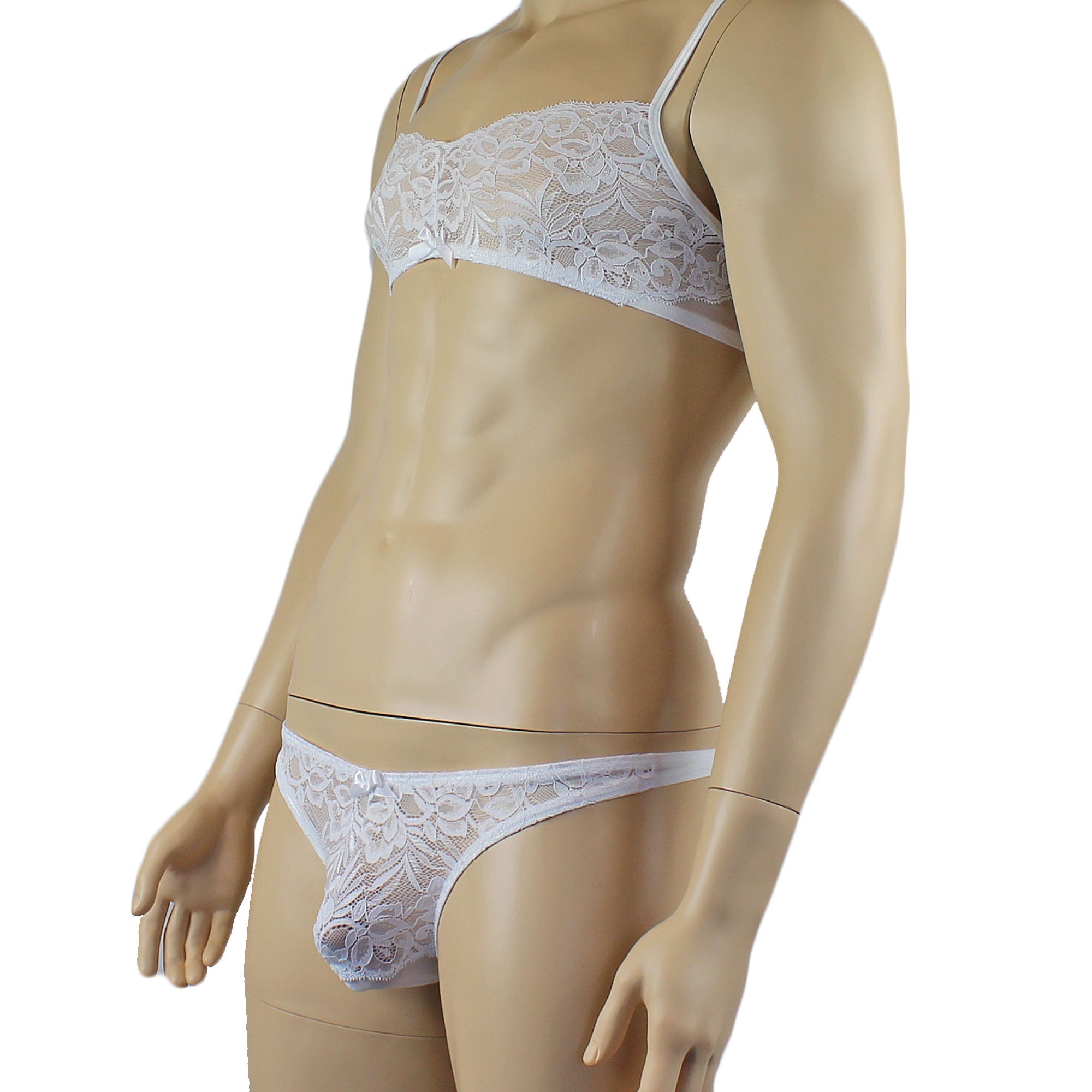 Mens Kristy Lace & Mesh Bra Top and Thong Panty White