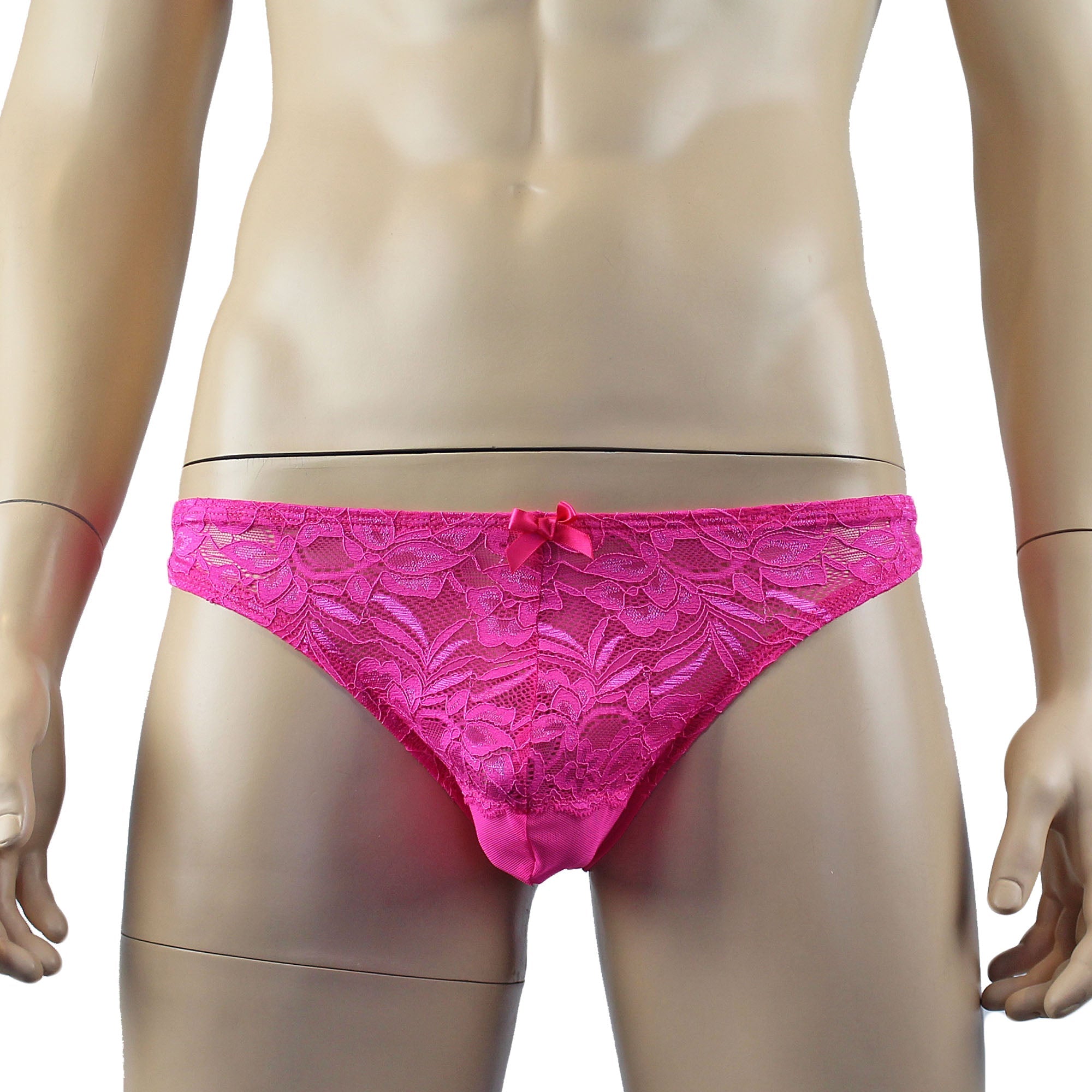 Mens Kristy Sexy Lace Thong Panties with Stretch Mesh Back Hot Pink