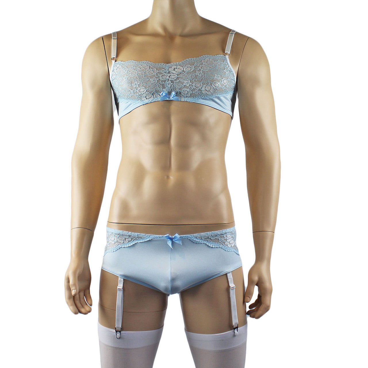 Mens Luxury Bra Top and Boxer Brief with Garters & Stockings (light blue plus other colours)