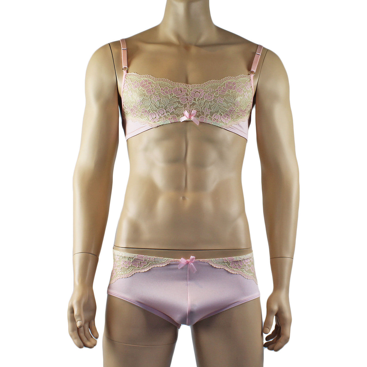 Mens Luxury Bra Top and Boxer Brief with Garters & Stockings (pink plus other colours)