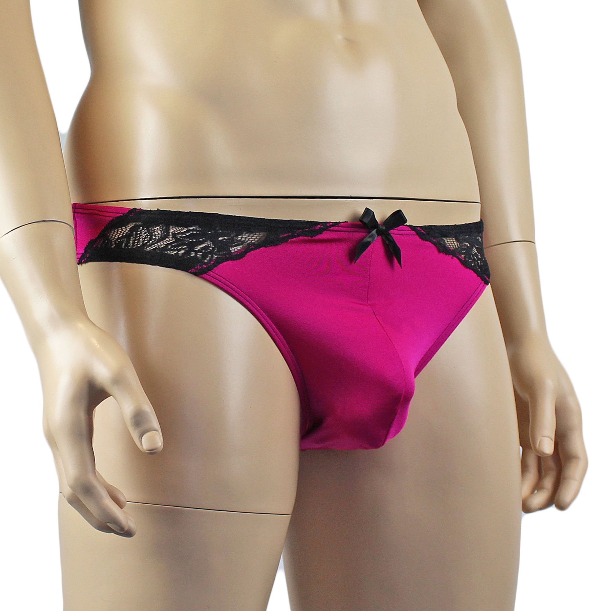 Mens Glamour Wide Front Thong Raspberry & Black Lace