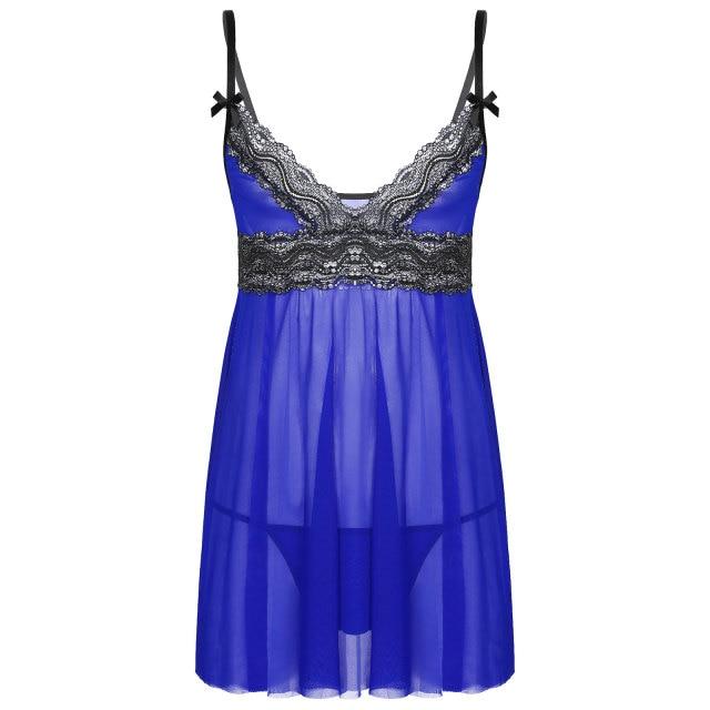 Mens Sissy Sheer Mesh and Lace Babydoll Seepwear Royal Blue