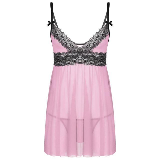 Mens Sissy Sheer Mesh and Lace Babydoll Seepwear Pink
