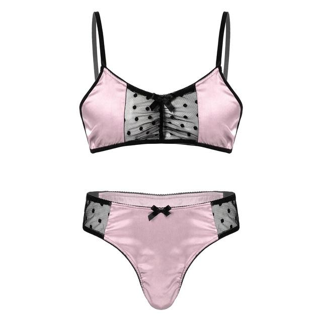 Mens Sissy Satin and Lace Bra & Panty Set Light Pink & Black