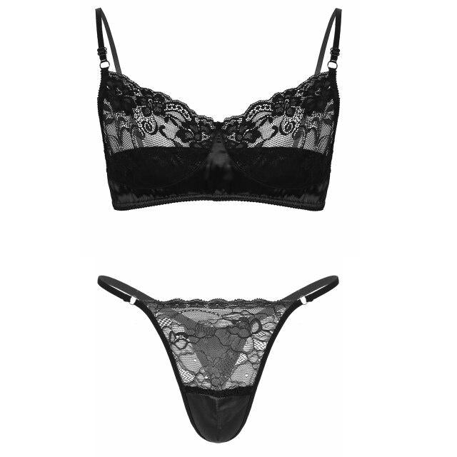Mens Sissy lace and Sheer Mesh Bra Top Black
