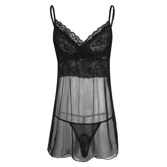 Mens Sexy Sissy Lace and Mesh Babydoll with Pouch G string Black