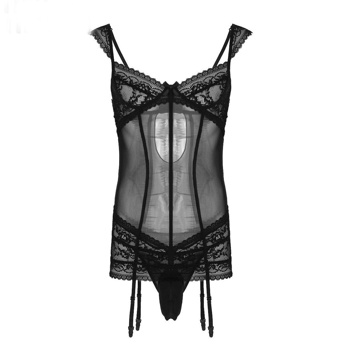 Mens Sissy Crossdress Corset Cami Top with Garters Black