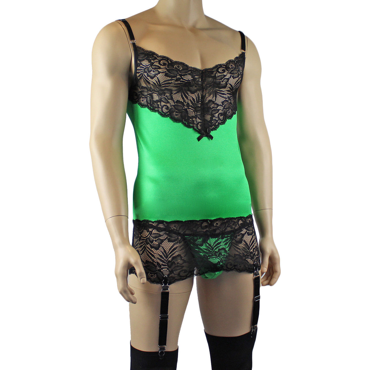 Mens Risque Camisole Mini Dress Chemise & G string (green and black plus other colours)