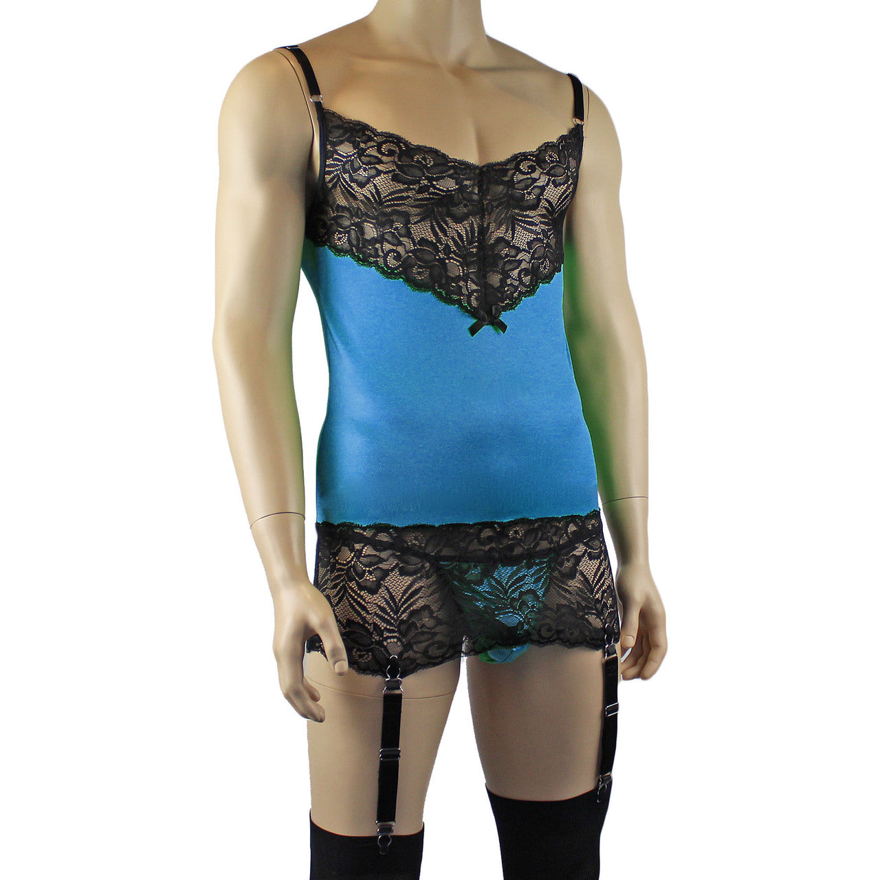 Mens Risque Camisole Mini Dress Chemise, G string & Stockings (teal black plus other colours)