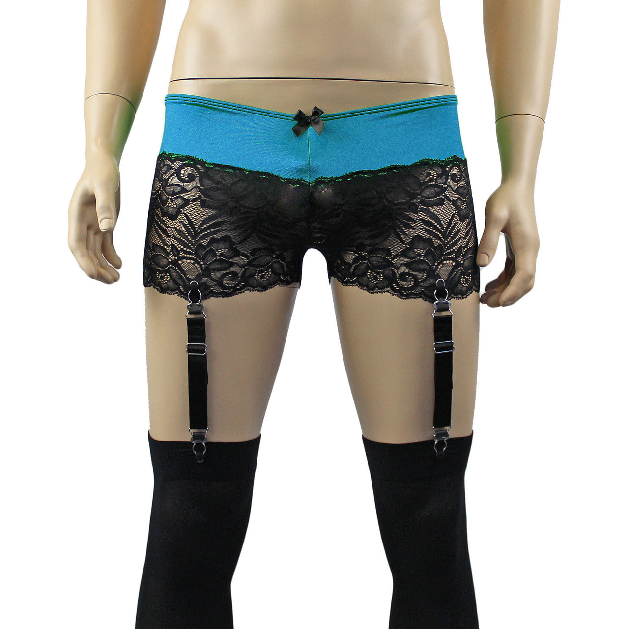 Mens Risque Boxer Briefs with Detachable Garters & Stockings (teal and black plus other colours)