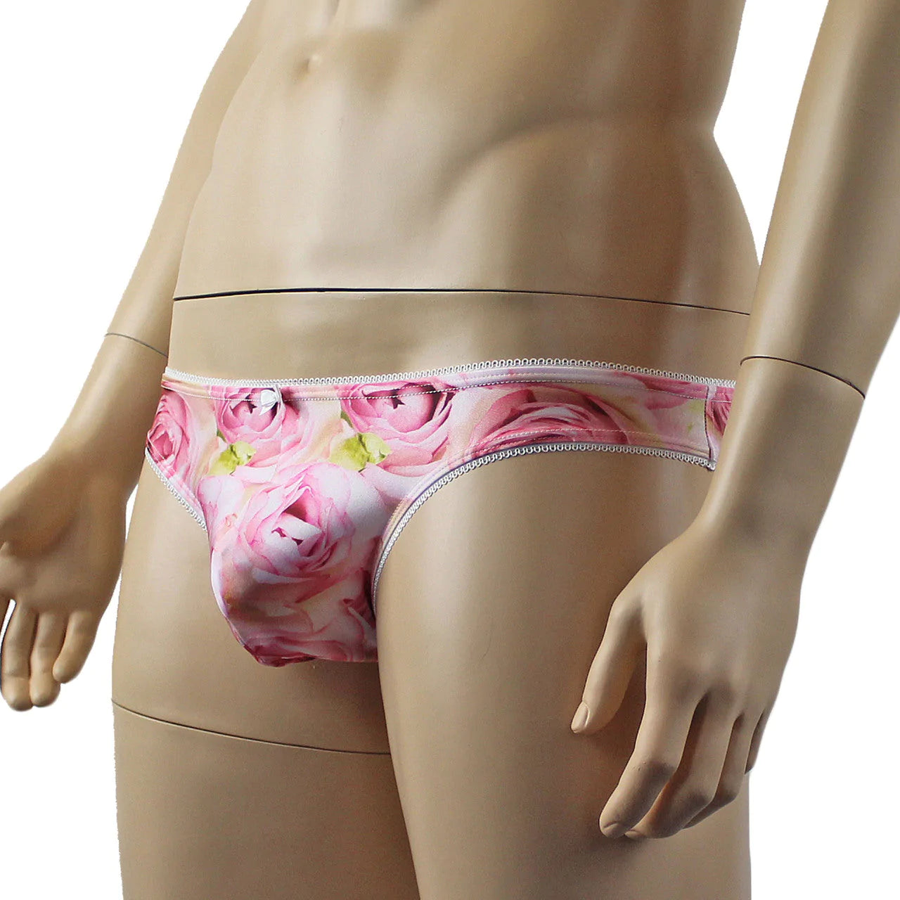 SALE - Mens Roses Stretch Spandex Panty Brief with Decorative Pico Elastic Pink