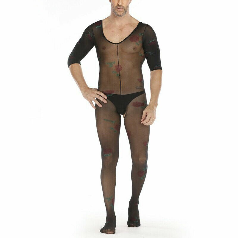 Mens Bodystocking Male Catsuit Mesh with Flowers Black
