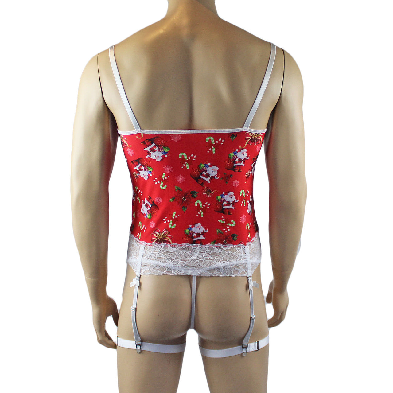 Mens Christmas Santa Camisole Corset Top & Pouch G string & Leg Bands