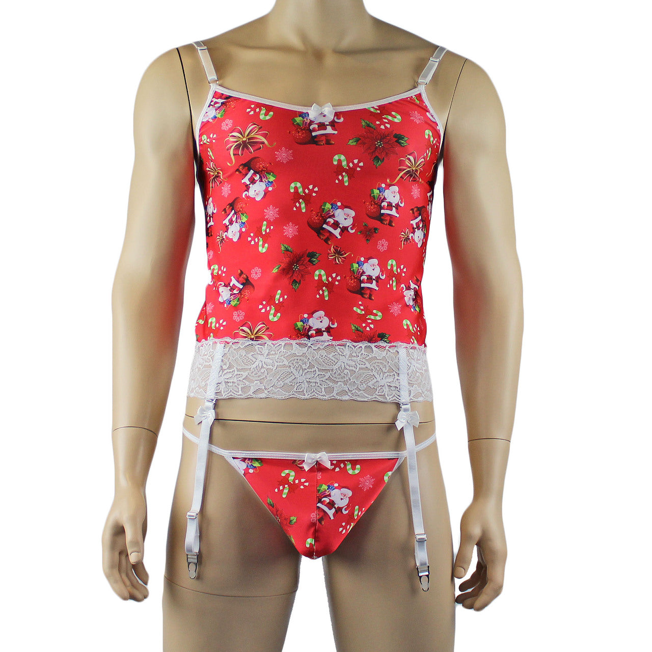 Mens Christmas Santa Camisole Corset Top & Pouch G string & Leg Bands