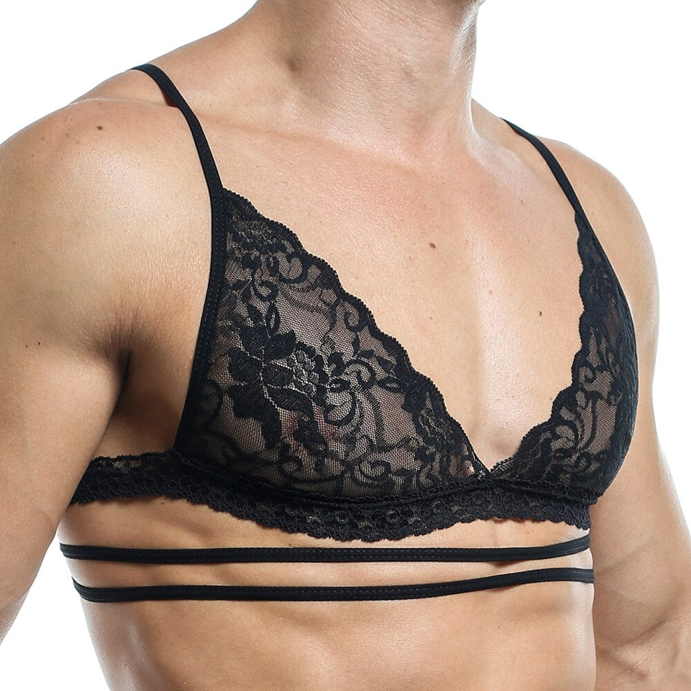 JCSTK Mens Bra Top with Lace and Multi Straps Black