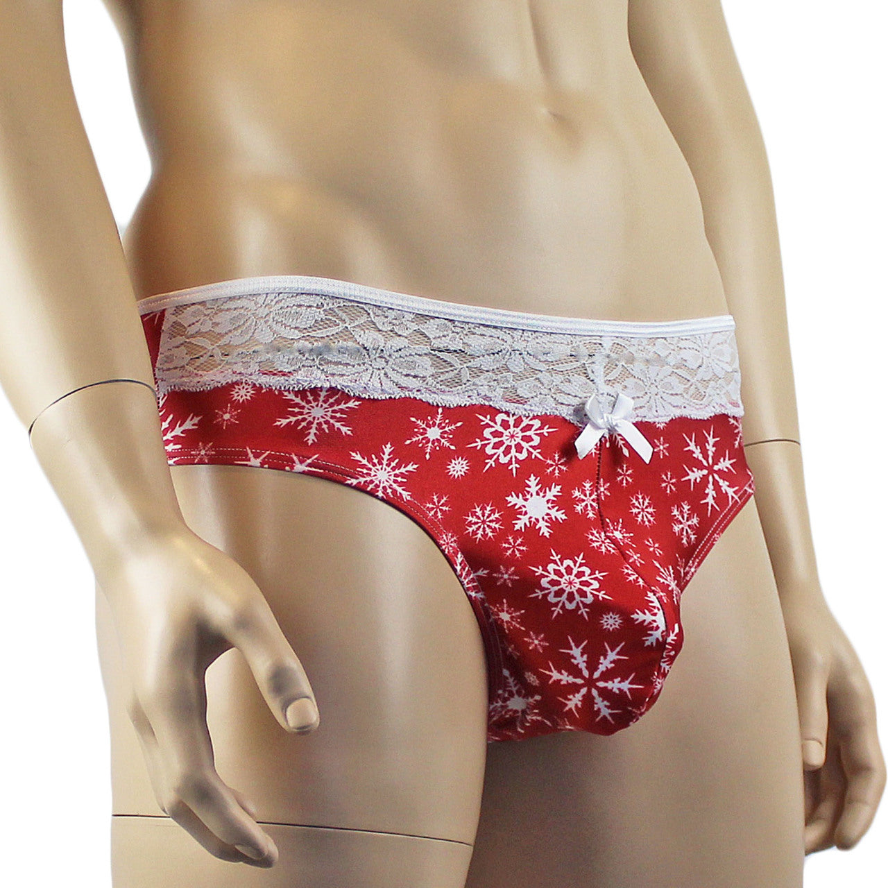 Mens Snowflake Print Spandex High Cut Thong Red and White