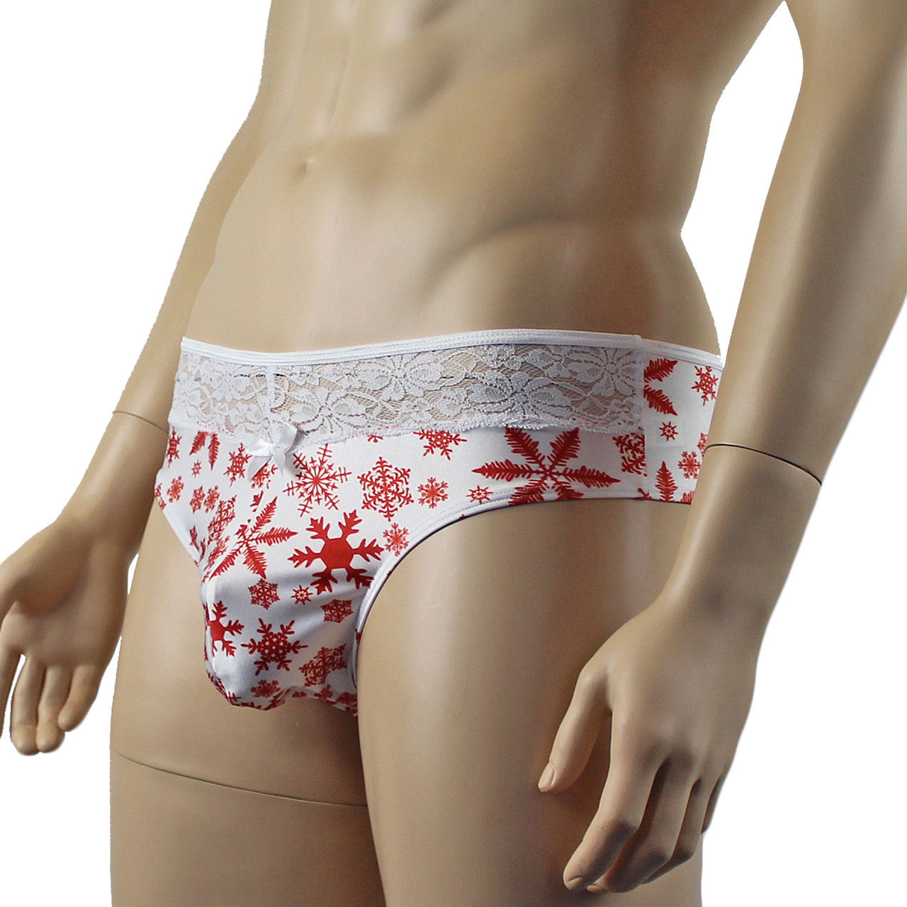 Mens Snowflake Print Spandex High Cut Thong White and Red