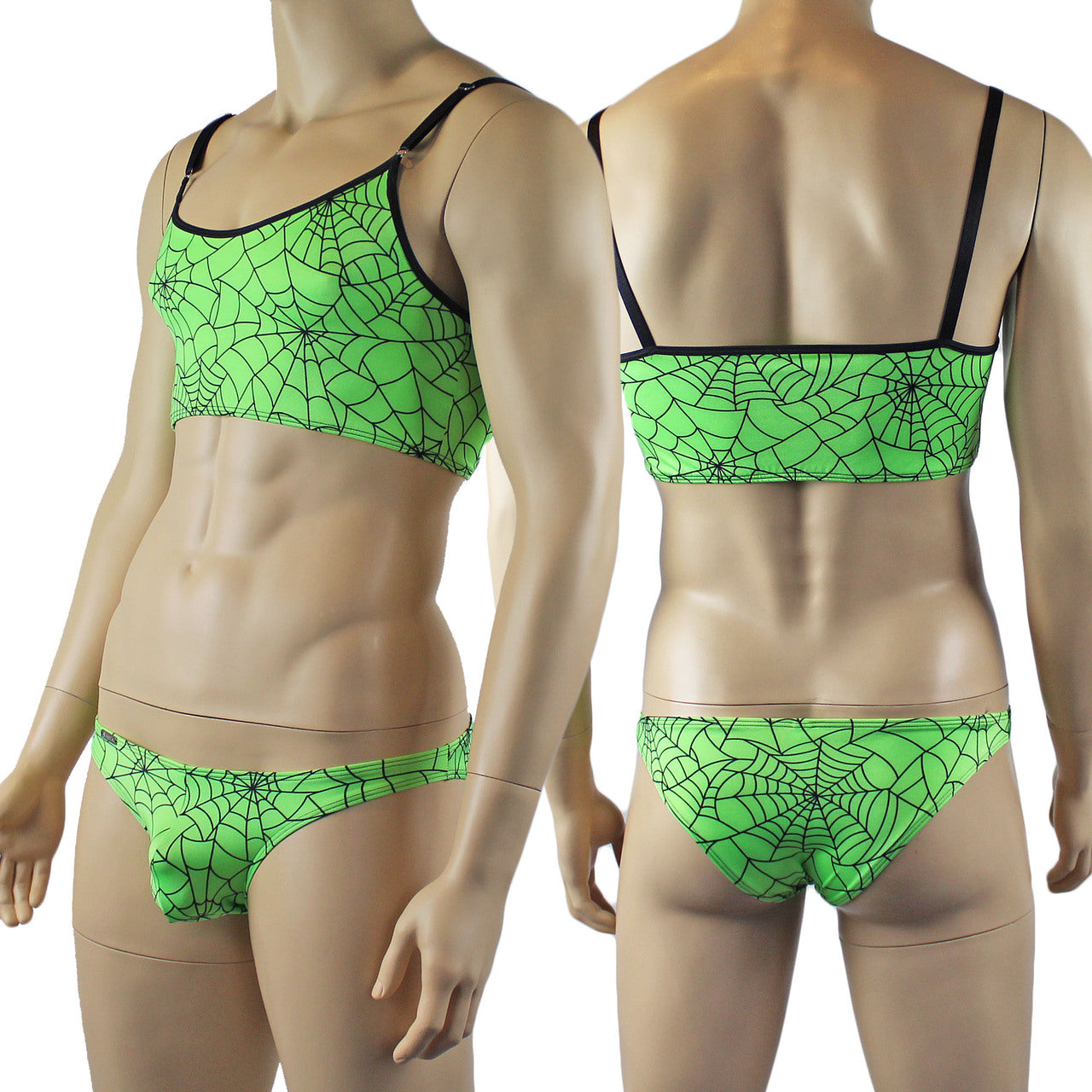 Mens Halloween Spooky Spider Web Camisole Bra Top & Bikini Brief (lime & pink colours)