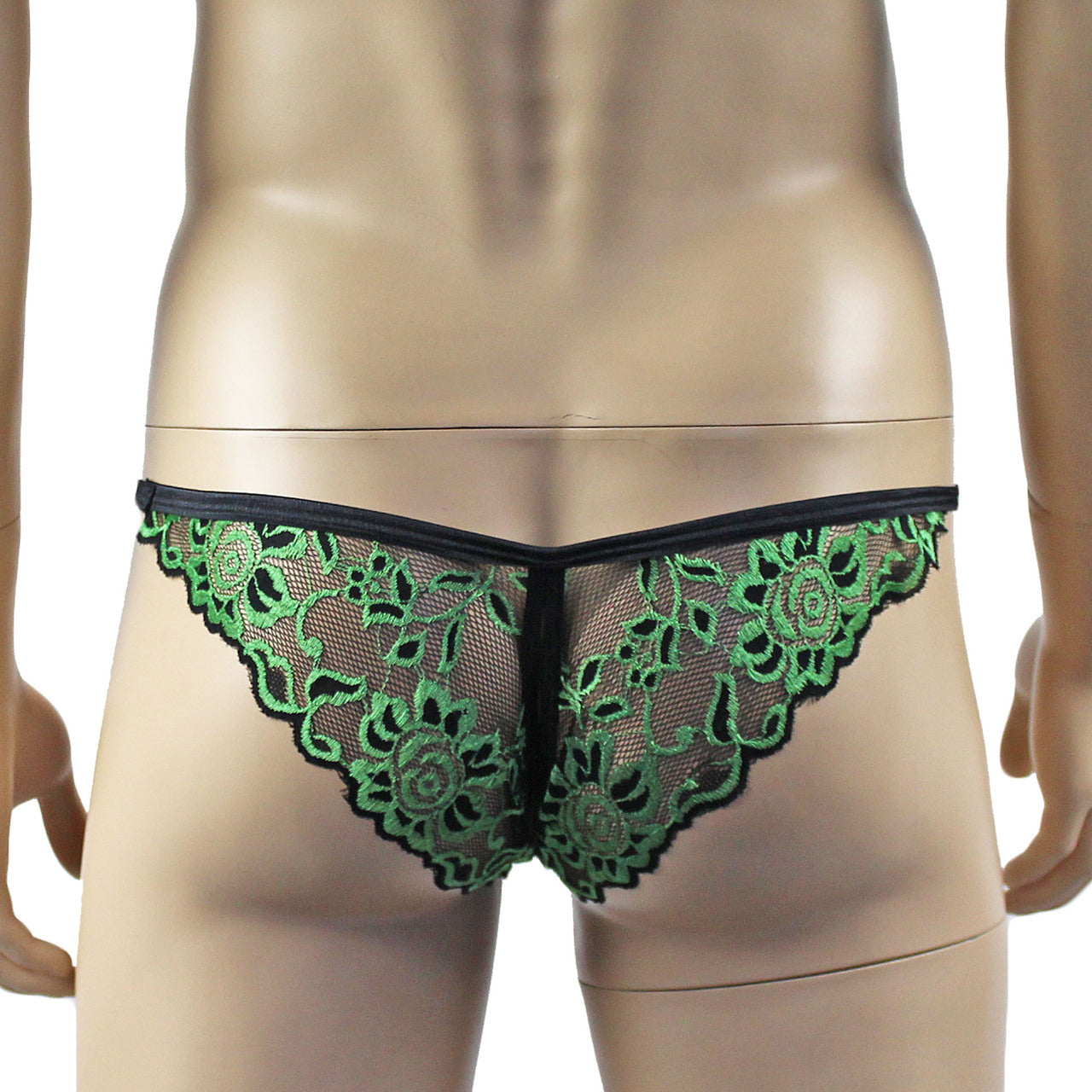 Mens Sassy OPEN BACK Bikini Brief, Male Panties Black & Green