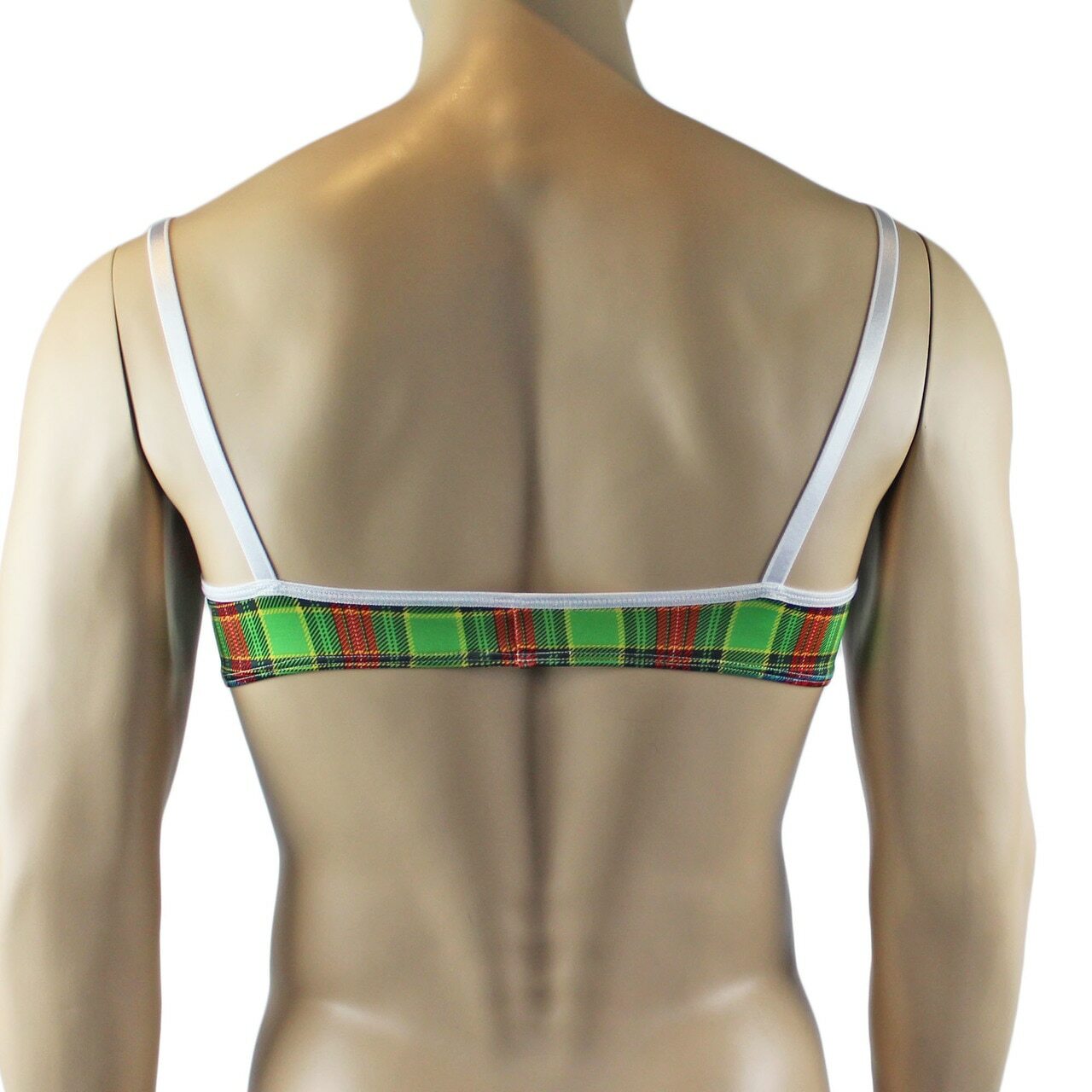 Mens Plaid Tartan Bra Top with Pouch G string Green and Red