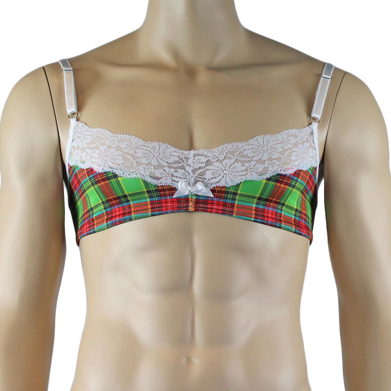 Mens Plaid Tartan Bra Top & Low Waist Thong Green and Red
