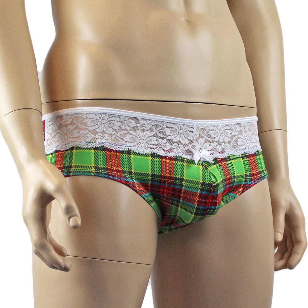 Mens Plaid Tartan Briefs with Lace Trim Green and Red