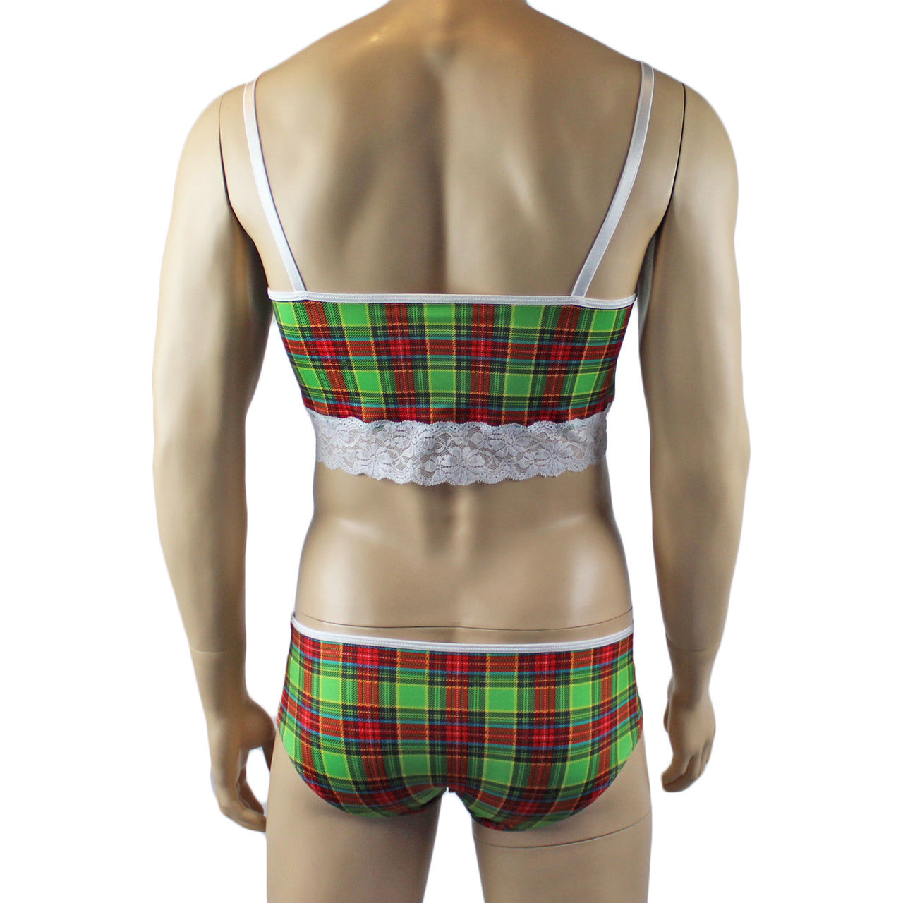 Mens Plaid Tartan Camisole Top & Bikini Brief Green and Red