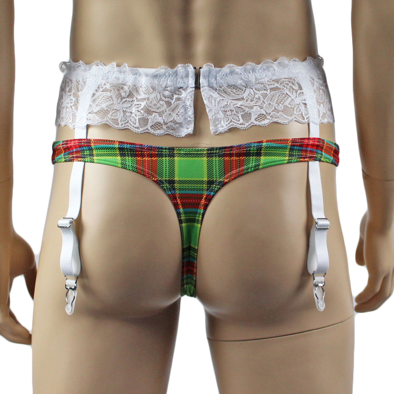 Mens Plaid Tartan Sexy Mini Thong & White Sexy Garterbelt Set Green and Red