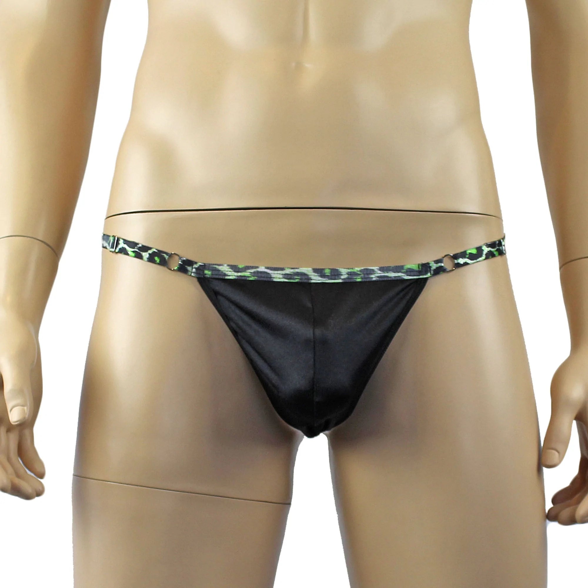 SALE - Mens Wild Black Adjustable Ball Bag Pouch G string Green Strap