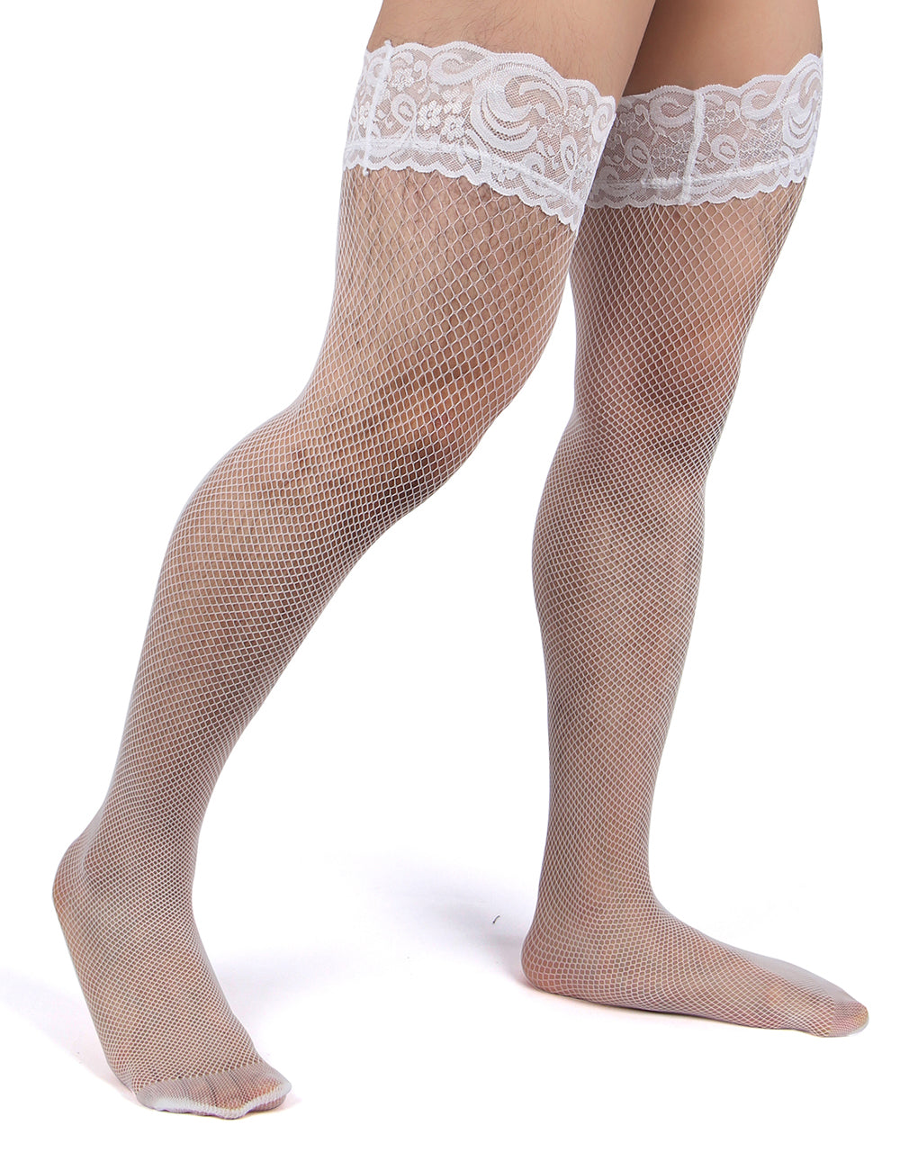 JCSTK - Unisex OY-MP242 Fishnet Lace Top Stockings, Strong for Our Males to Wear! White