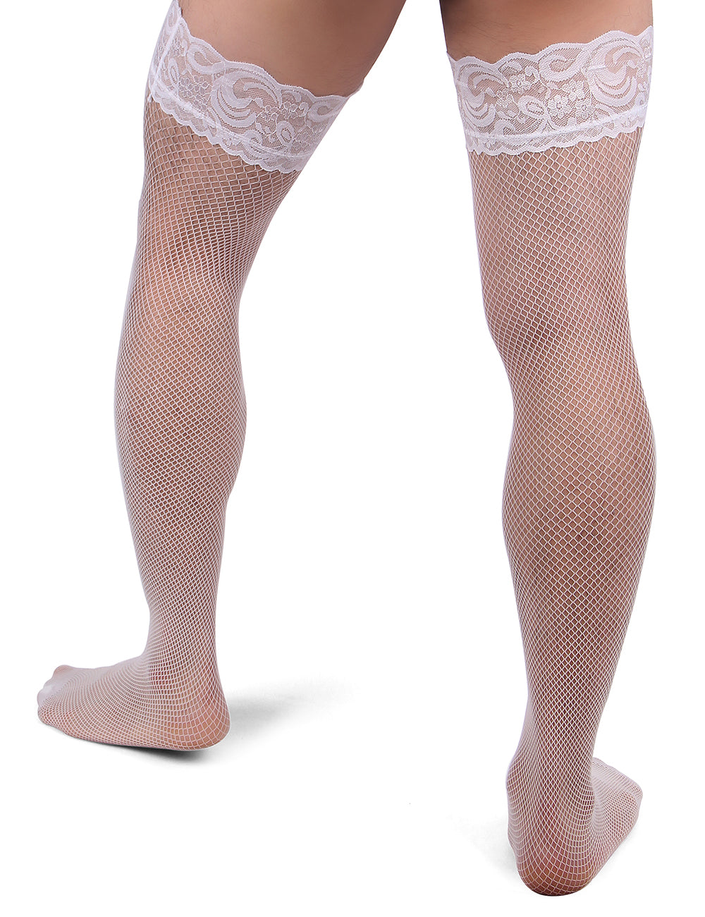 JCSTK - Unisex OY-MP242 Fishnet Lace Top Stockings, Strong for Our Males to Wear! White