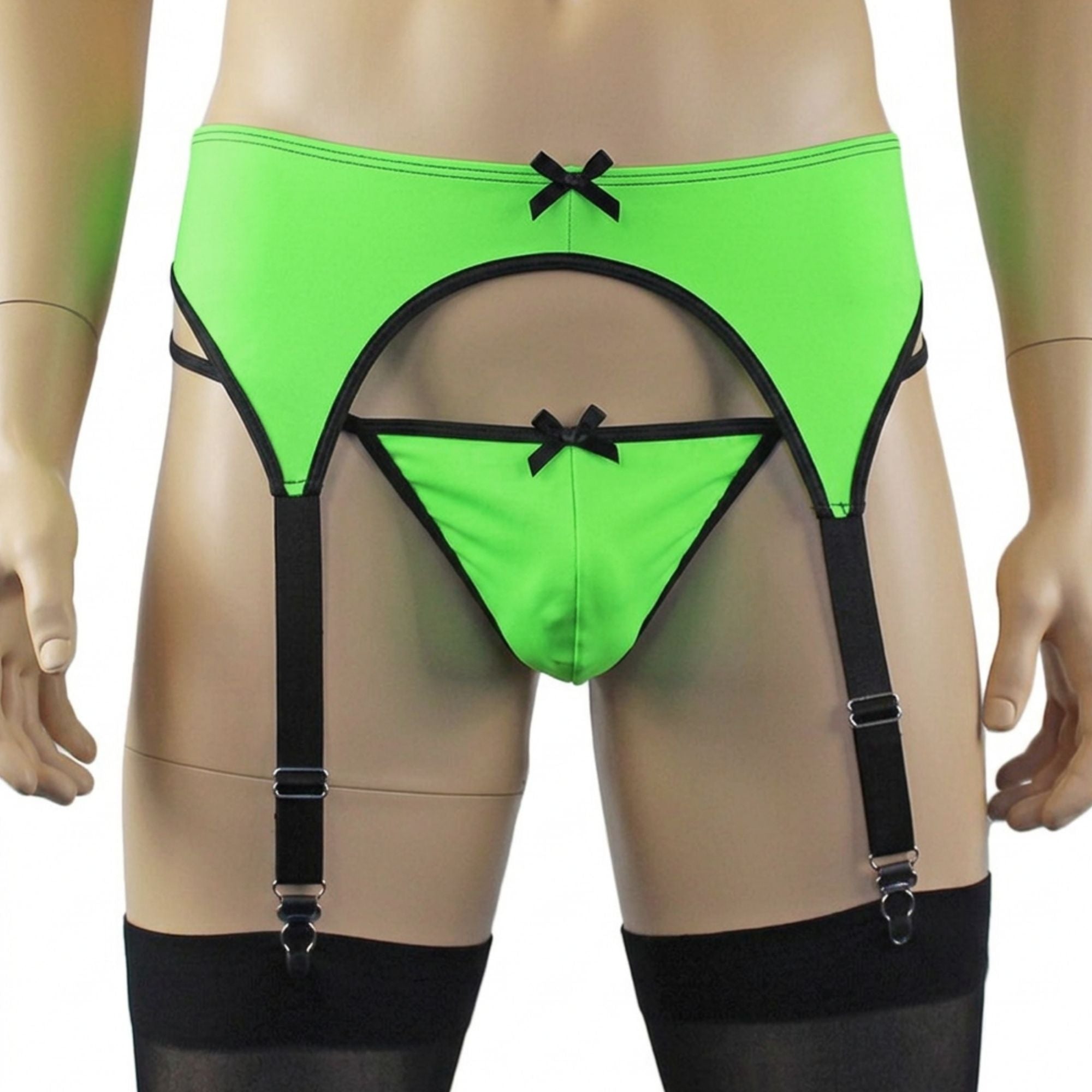 Mens Jenny Shiny Spandex Garterbelt Lingerie Neon Green & Black